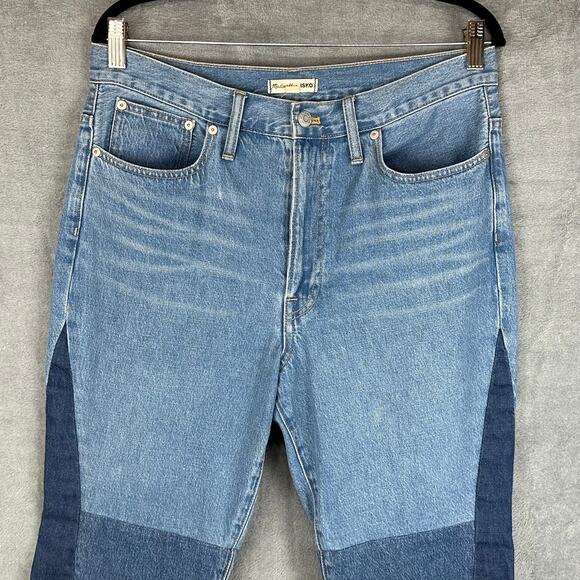 Madewell X ISKO Jeans Women 30 Blue Patchwork Flare Raw Hem Boho Festival Hippie - Picture 2 of 13